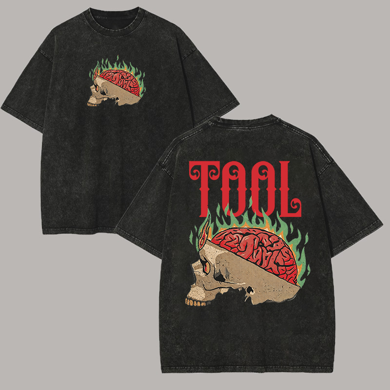 Tool Band Flaming Brain Skull Oversized Metal Tee