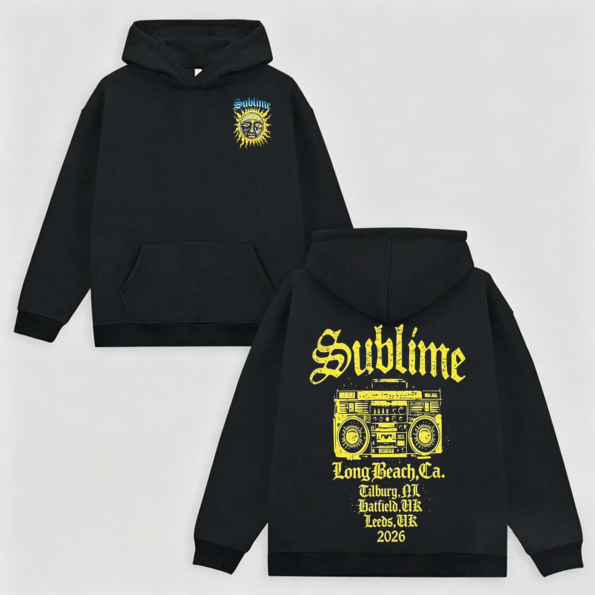 Small Chest Sun Logo Retro Radio Back Graphic Hoodie