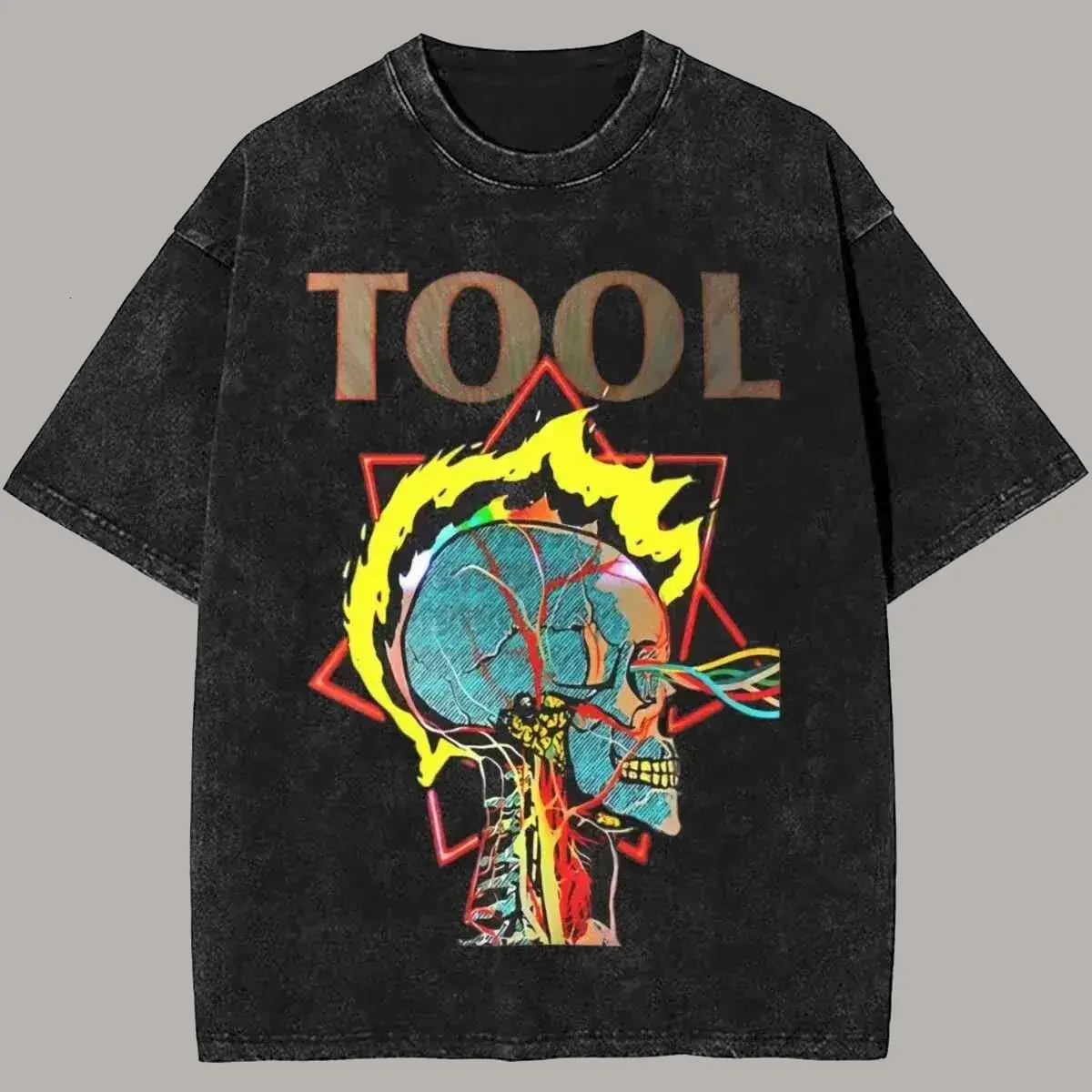 Flaming Brain Skull Hexagram Grunge Distressed Short Sleeve