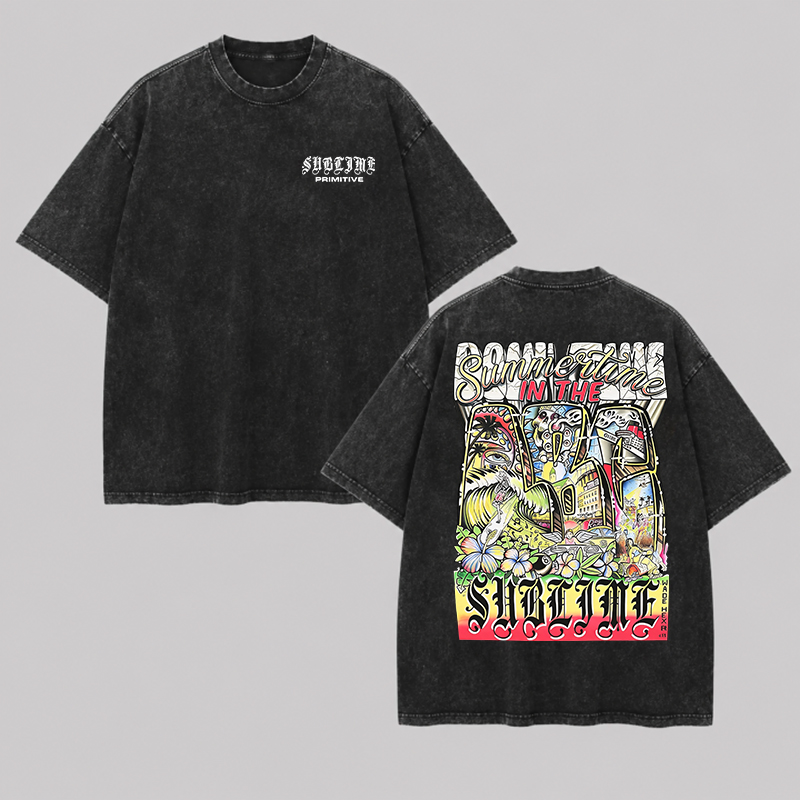  Chest Gothic Text Busy Summer Art Oversized Washed Tee