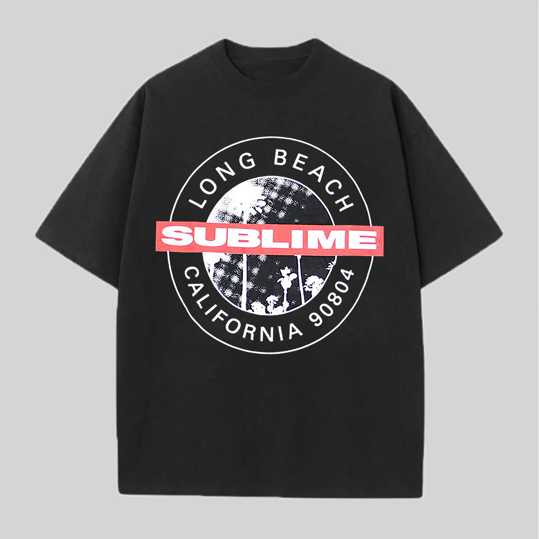 Circular Palm Tree Long Beach Address Oversized Black Tee