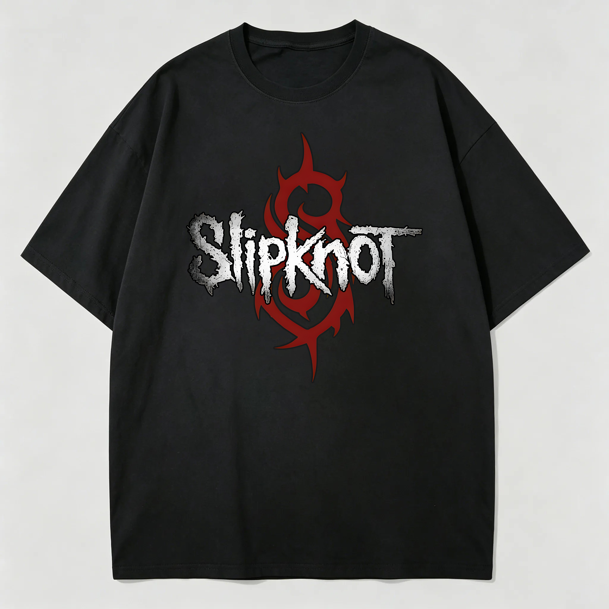 Vintage Distressed Band Sigil Oversized Black Metal T-Shirt
