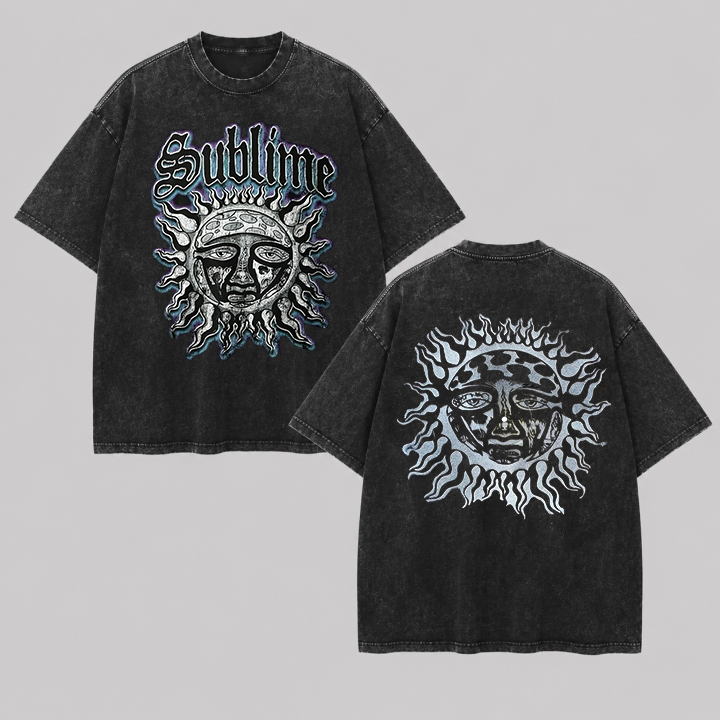 Gothic Font Front Logo Shiny Sun Back Washed Tee