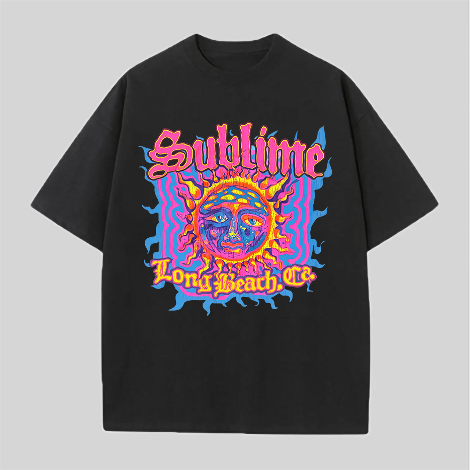  Vibrant Neon Wave Sun Oversized Casual T-Shirt