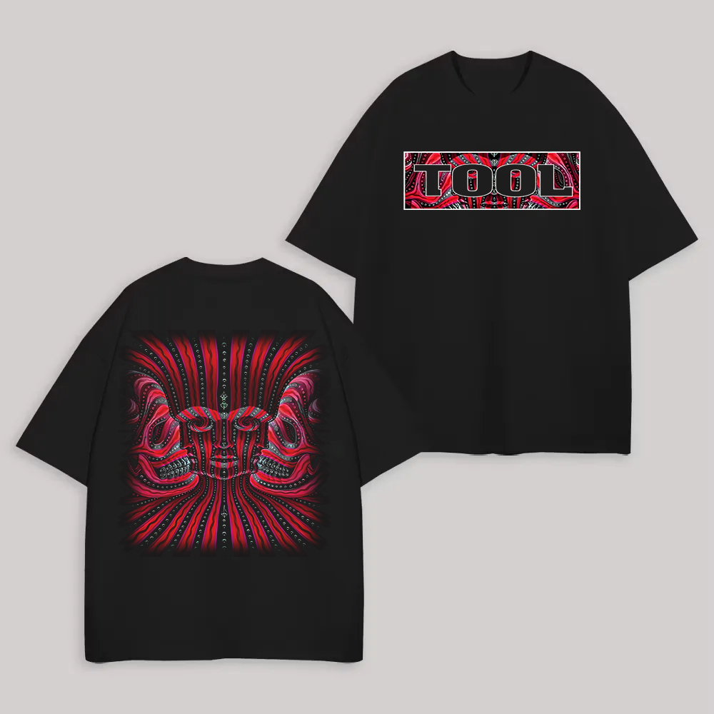 Double-Sided Tool Red Psychedelic Face Graphic Black T-Shirt