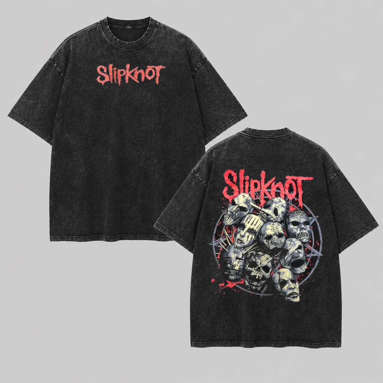 Slipknot Multi Masks Pentagram Acid Wash Double Sided Tee