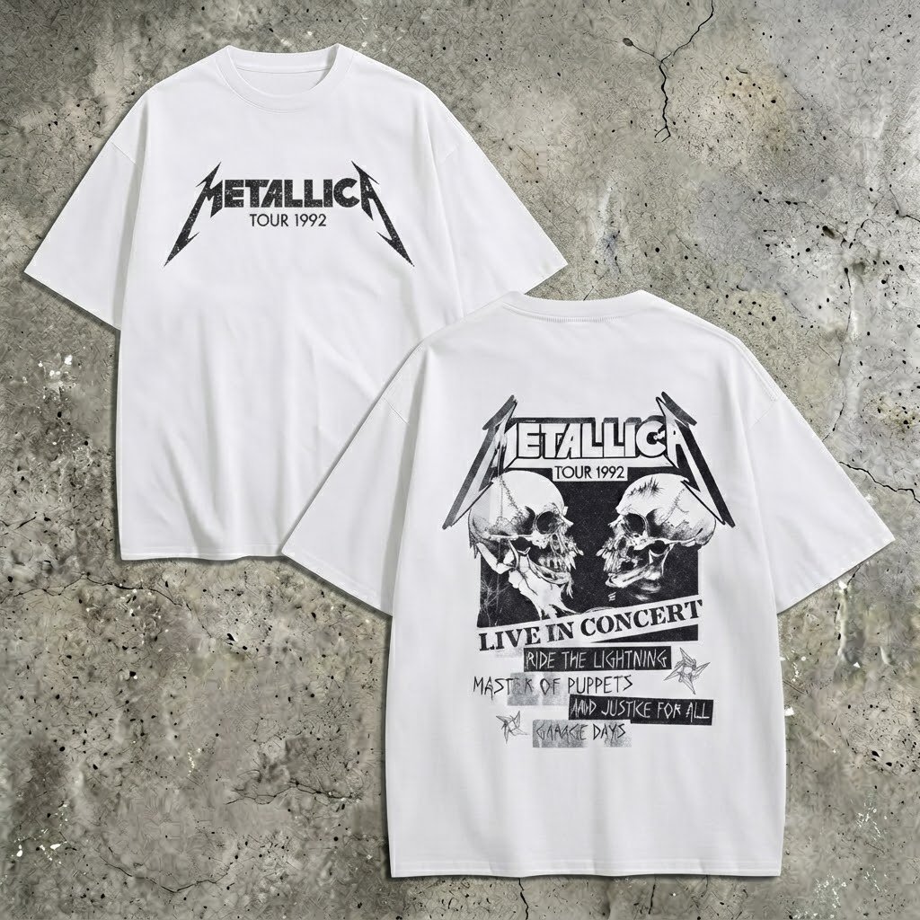 Front Minimal Band Logo Back Concert Skull Print Oversized Tee