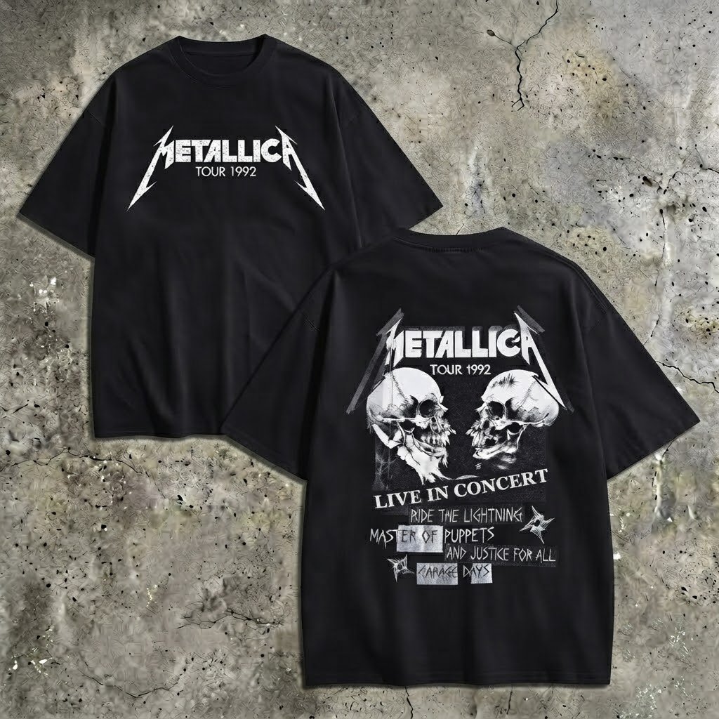 Front Minimal Band Logo Back Concert Skull Print Oversized Tee