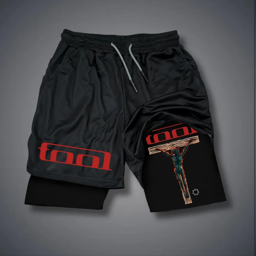 Red Crucifix Figure Double Layer Metal Shorts