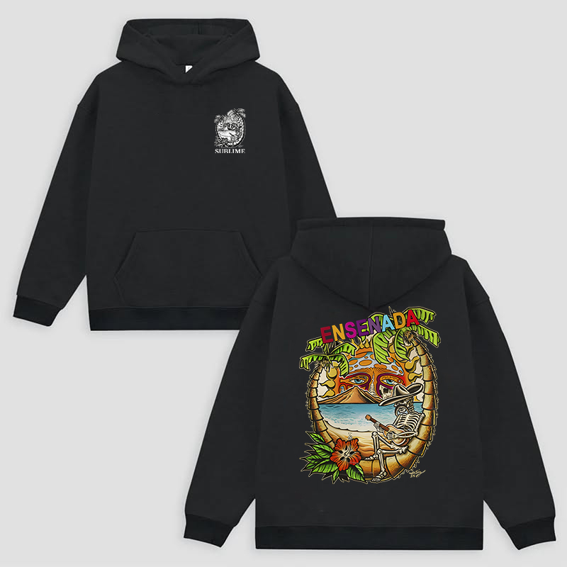 Minimal Chest Emblem Tropical Skeleton Back Hoodie