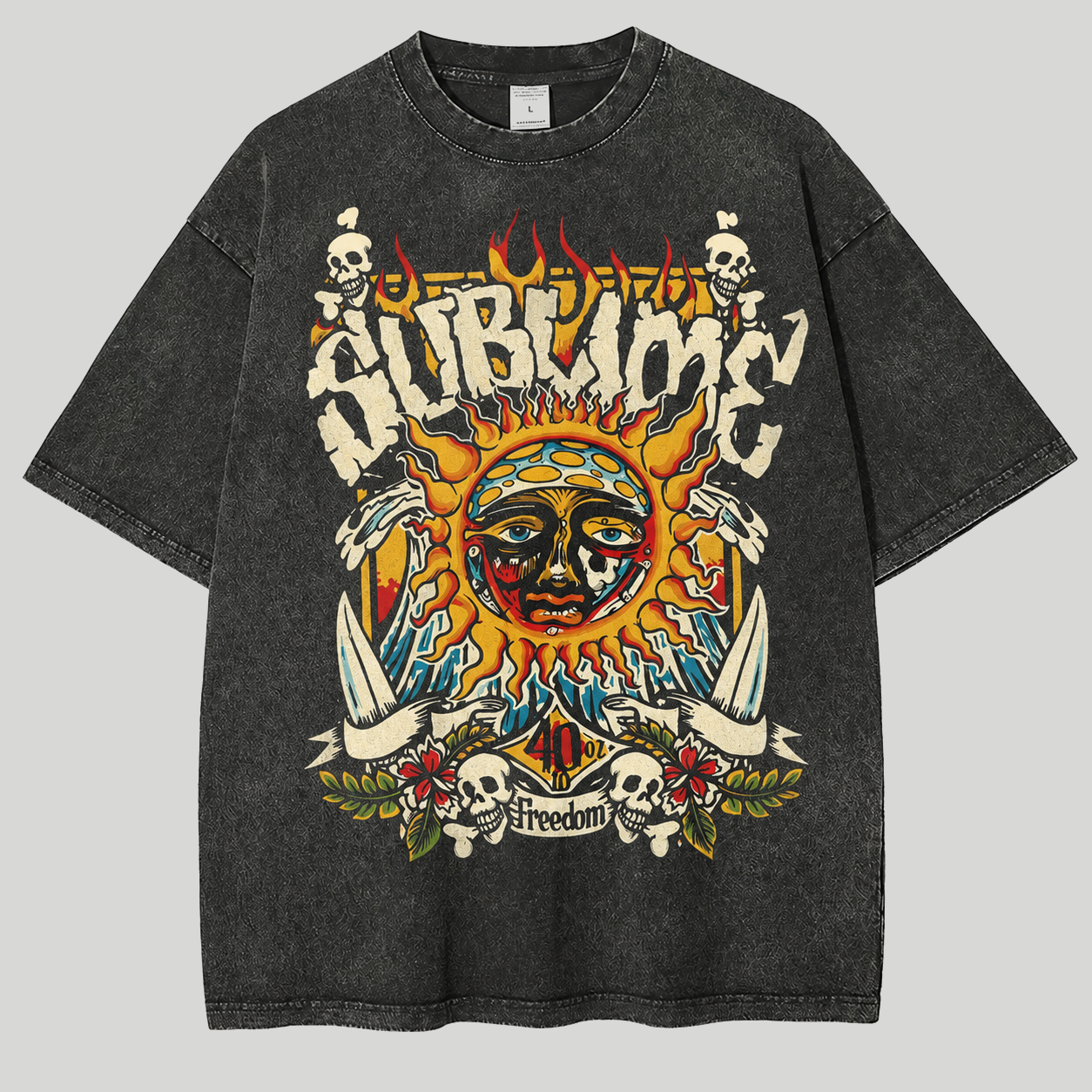 Vintage Washed Surf Skull Sun Oversized Rock Tee