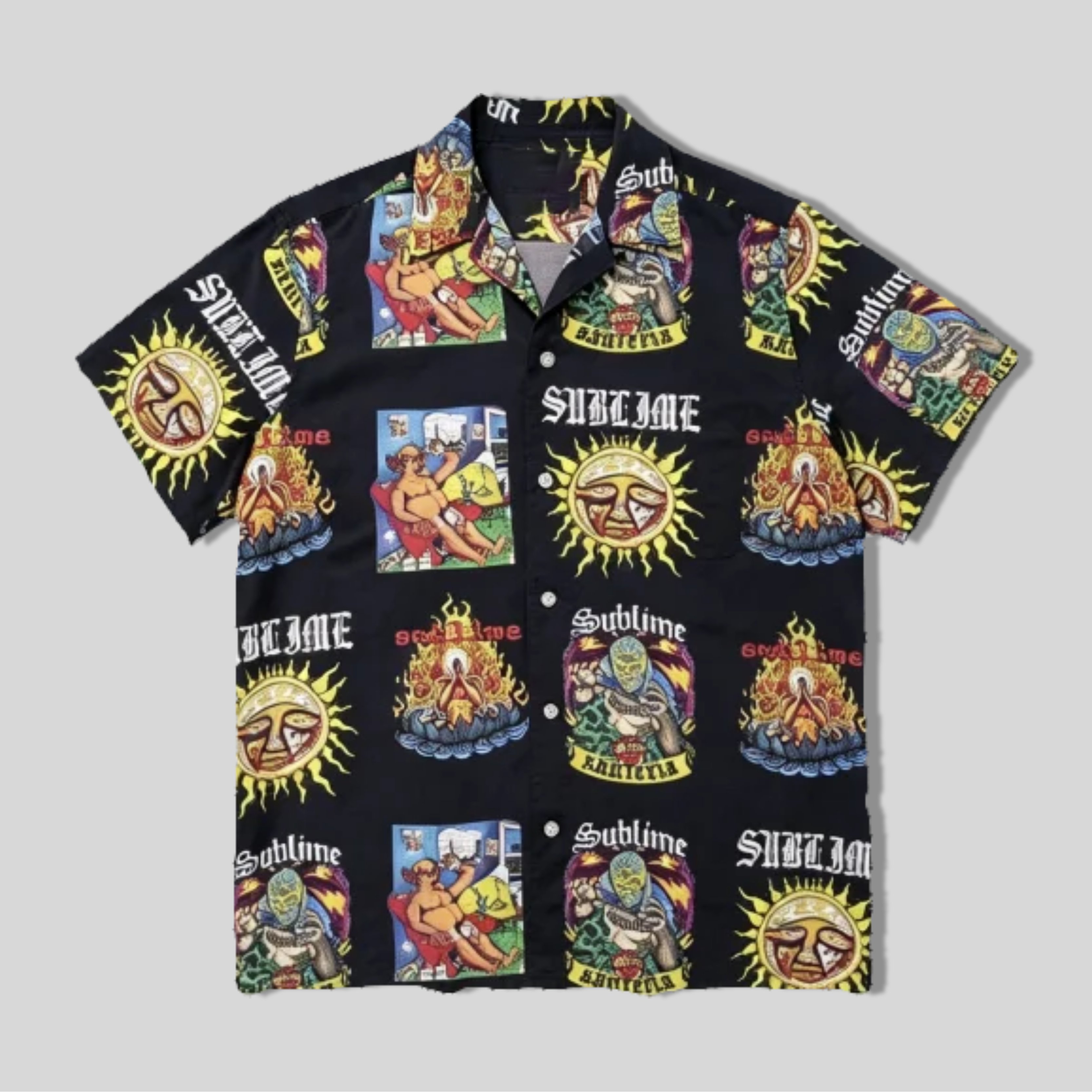 Allover Vintage Sun Patchwork Print Casual Camp Collar Shirt