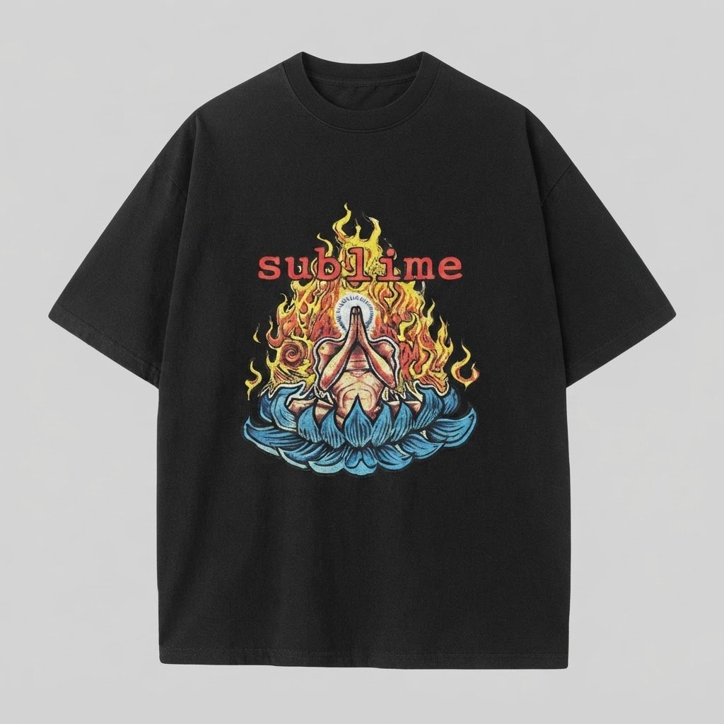 Mystic Burning Lotus Art Oversized Black T-Shirt