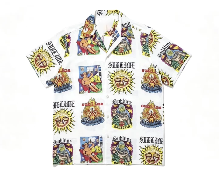 Allover Vintage Sun Patchwork Print Casual Camp Collar Shirt
