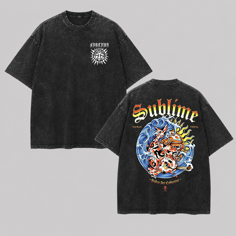 Chest Minimal Sun Logo Tattoo Style Oversized Washed T-Shirt