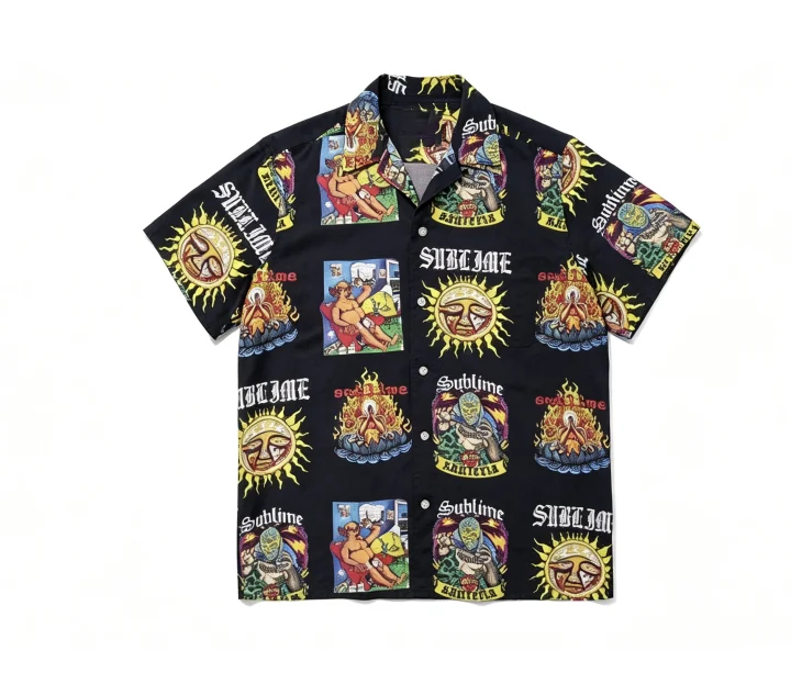 Allover Vintage Sun Patchwork Print Casual Camp Collar Shirt
