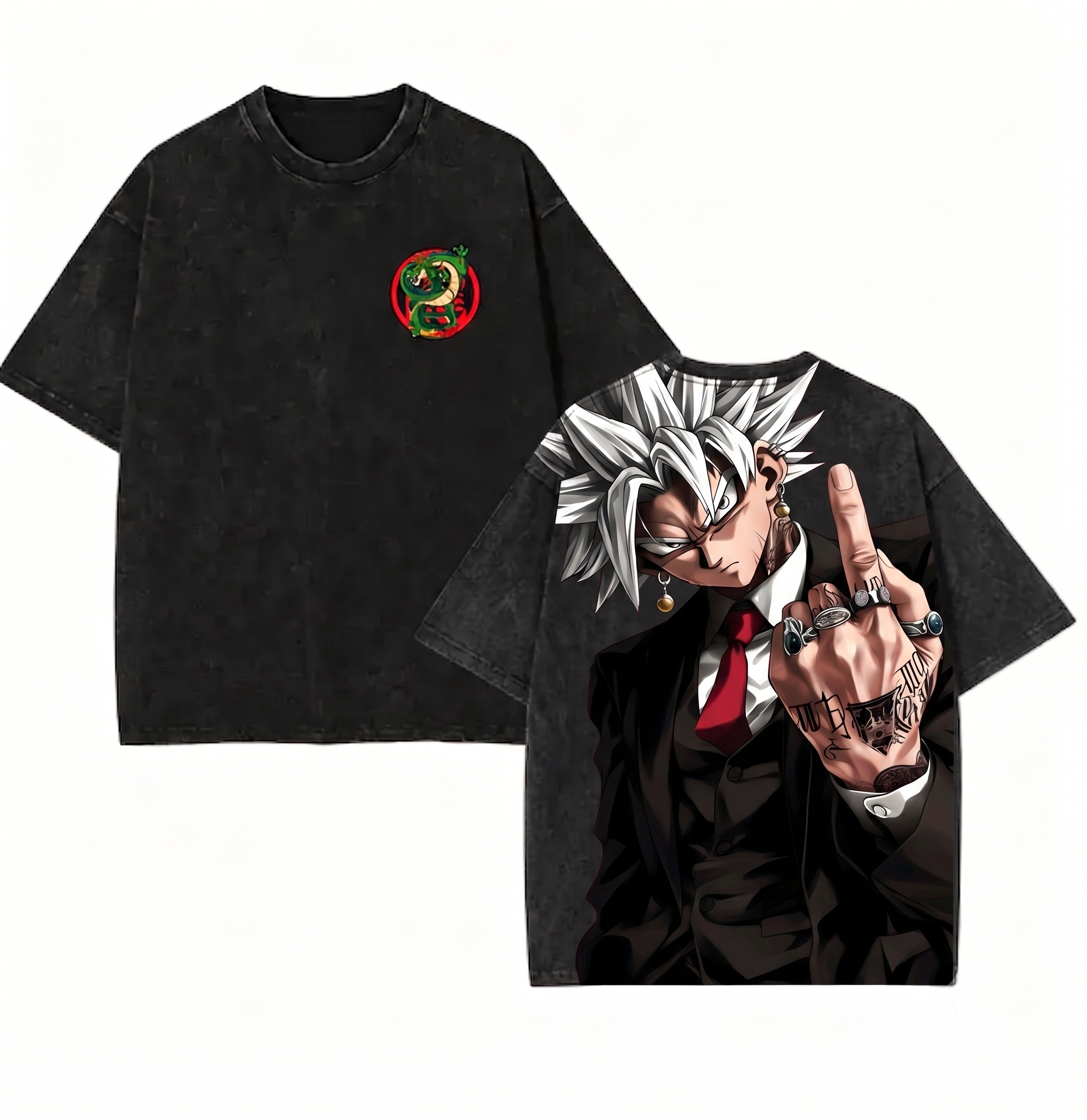Dragon Ball Z White Goku Suit Tattoo Vintage Washed Black Oversized Tee