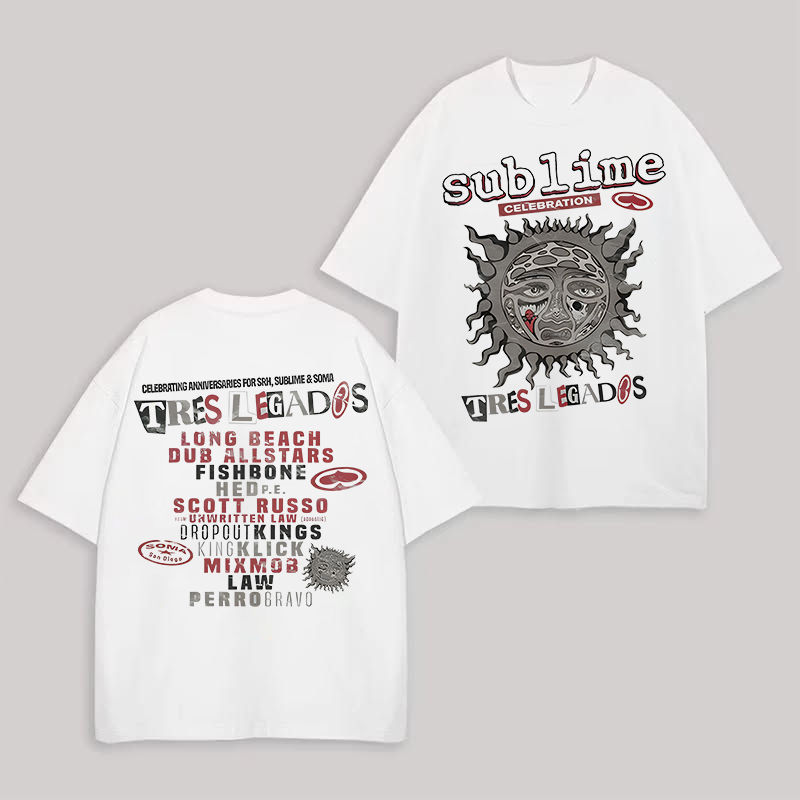 Front Classic Sun Face Back Band List Oversized White Tee
