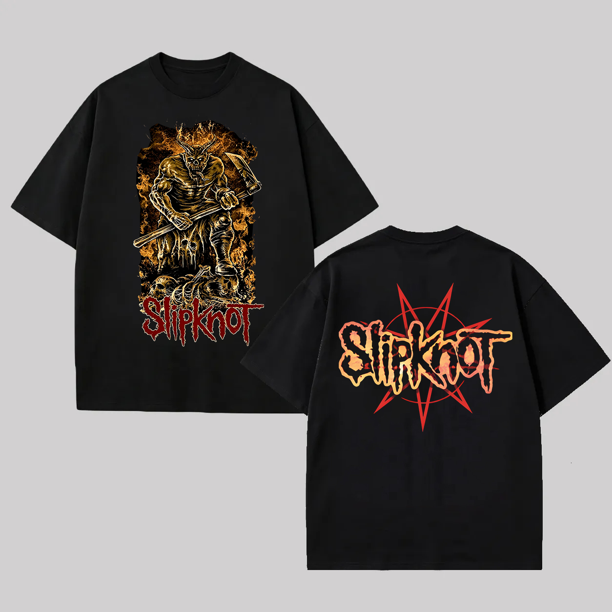 Front Gold Demon Art Back Red Star Logo Oversized Metal Tee