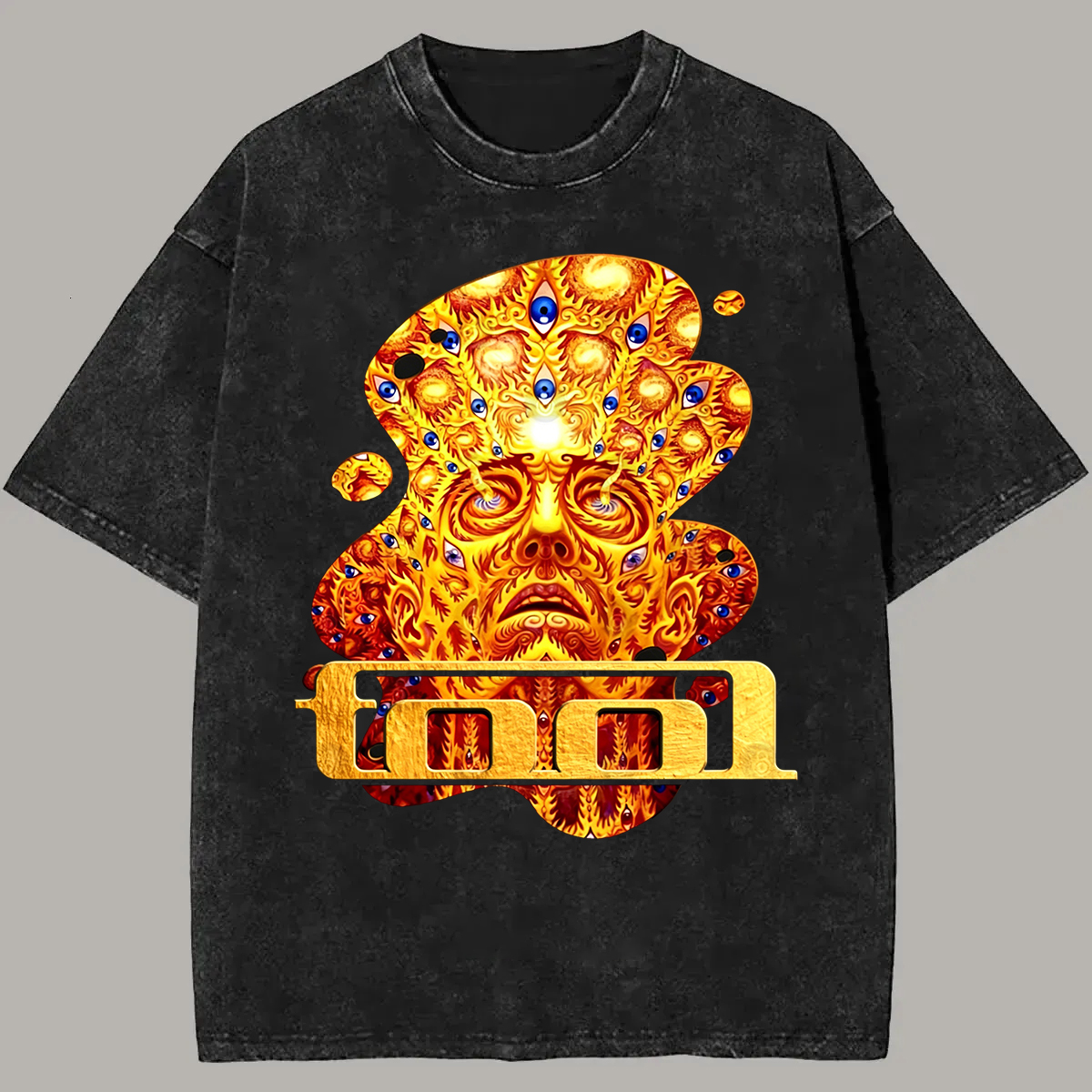 Trippy Golden Flame Multi Eye Oversized Rock Tee