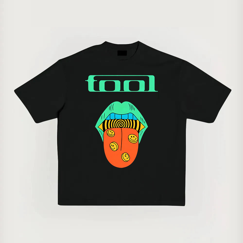 Trippy Smiley Tongue Mouth Tool Graphic Black Tee