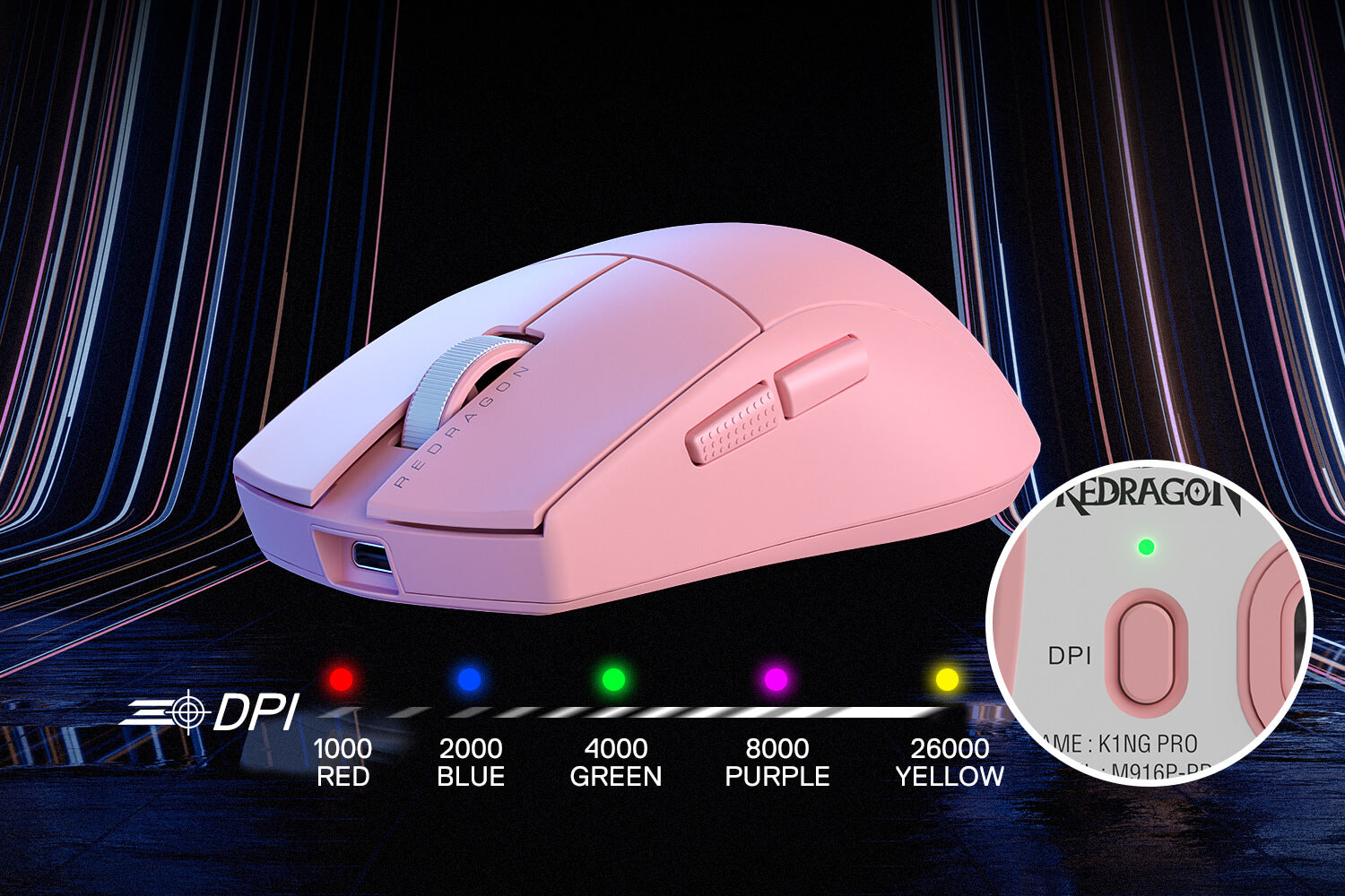 Pink K1ING Pro mouse highlighting adjustable DPI levels from 1000 to 26000 in different colors