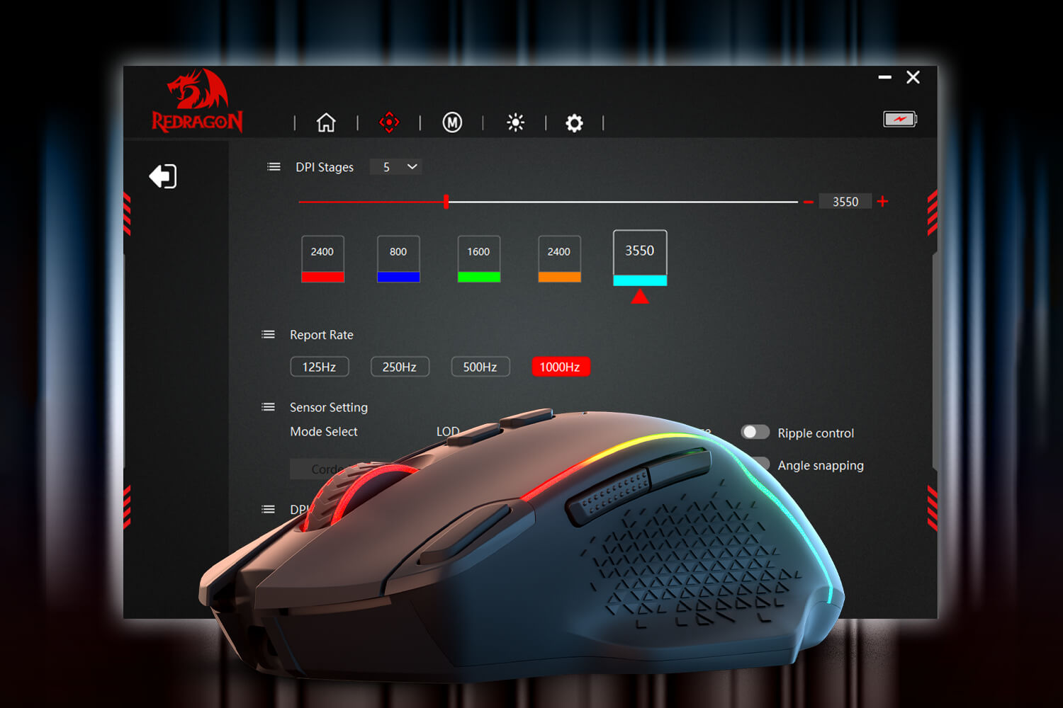 Redragon M810 PRO Gaming mouse with customizable settings displayed on a screen