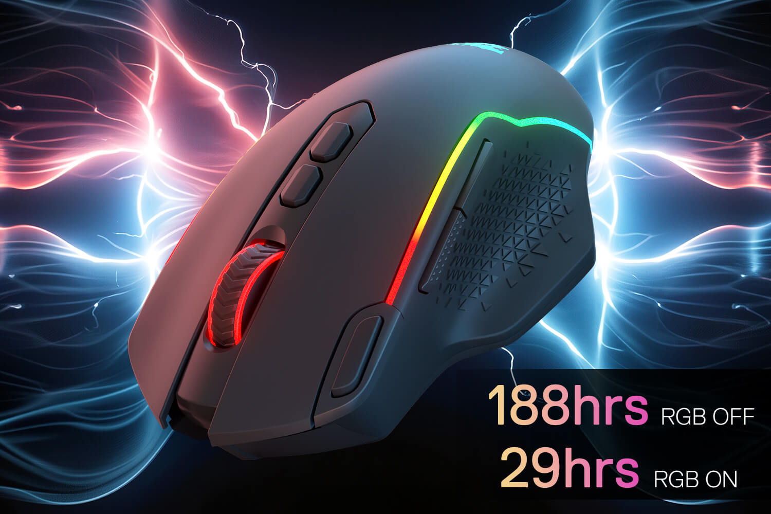 Redragon M810 Wireless Gaming mouse with RGB lighting effects on a dynamic background