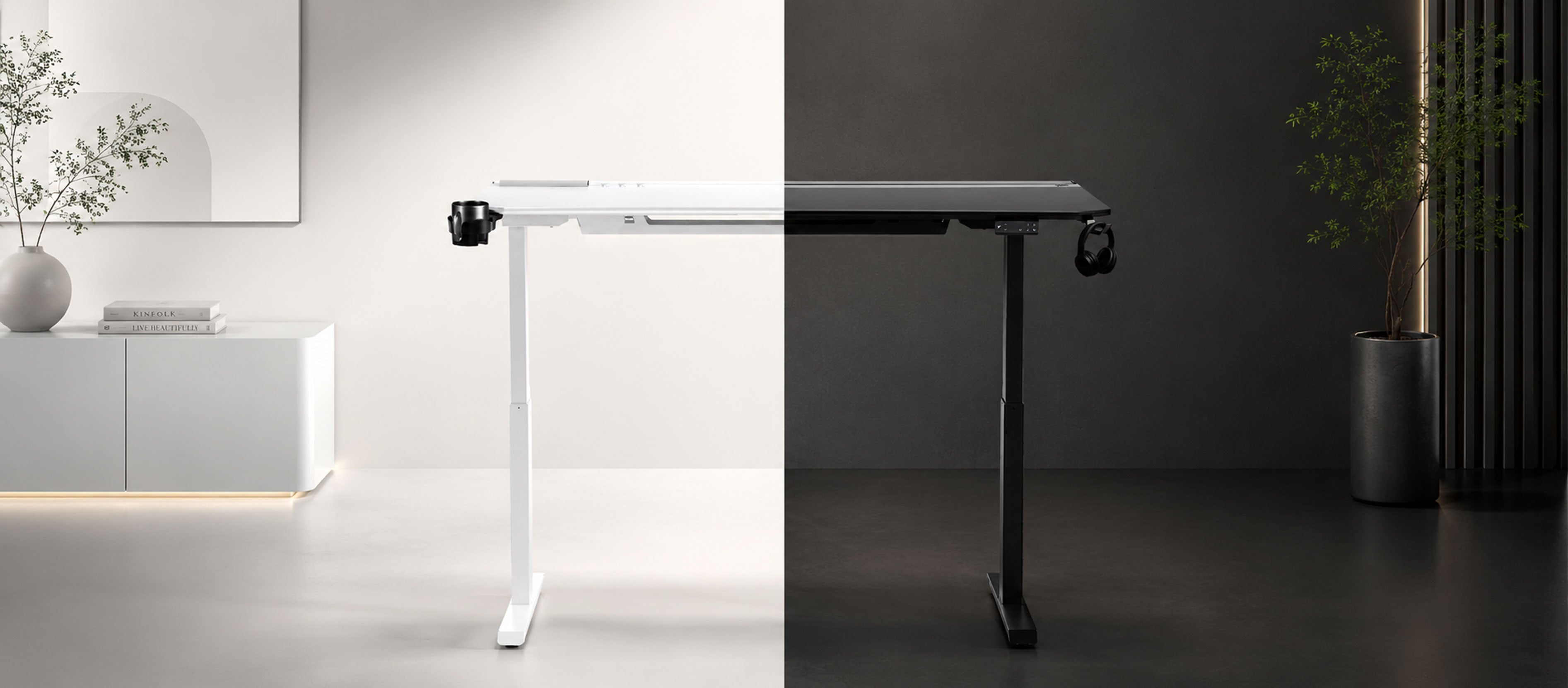 standing desk with anti-collision presets, casters, and thermoformed coated tabletop with flippable cable bar