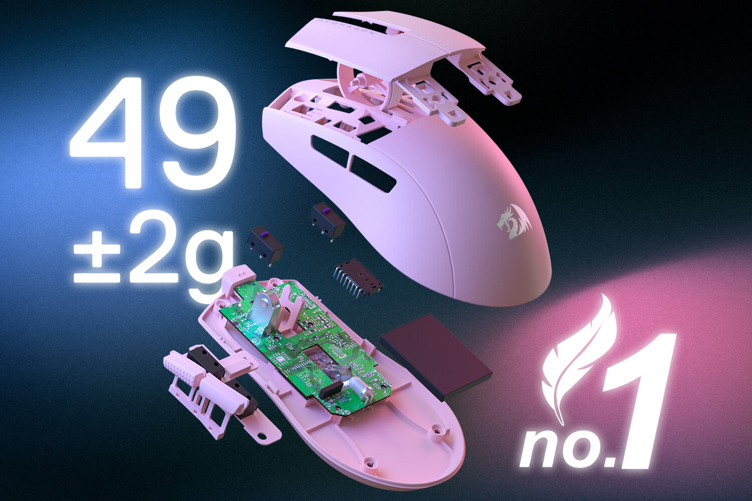 Disassembled K1NG M916 PRO mouse, showcasing its lightweight design at 49 grams, marked as No.1 lightweight mouse