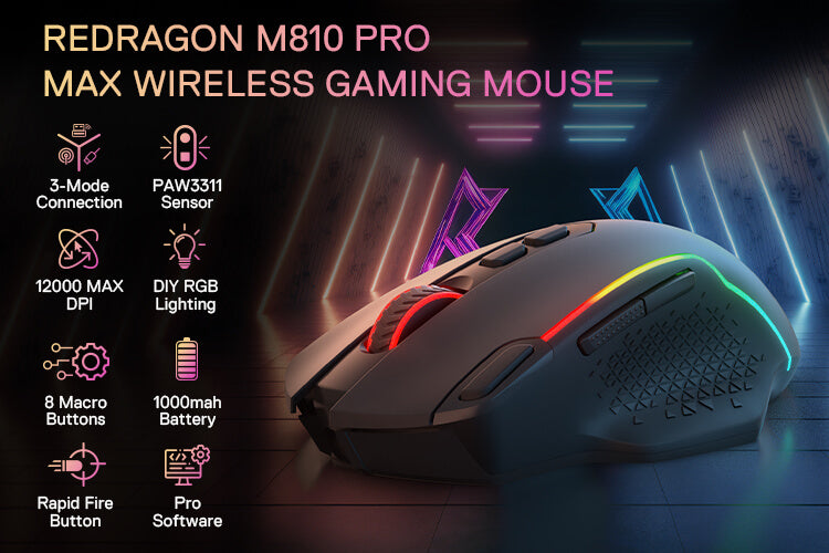 Redragon M810 MAX 3-Mode Wireless Gaming Mouse, 12000 DPI Wired/Wireless RGB Mouse w/Rapid Fire Key, 8 Macro Buttons, 188-Hour Reliable Power Capacity for PC/Mac/Laptop