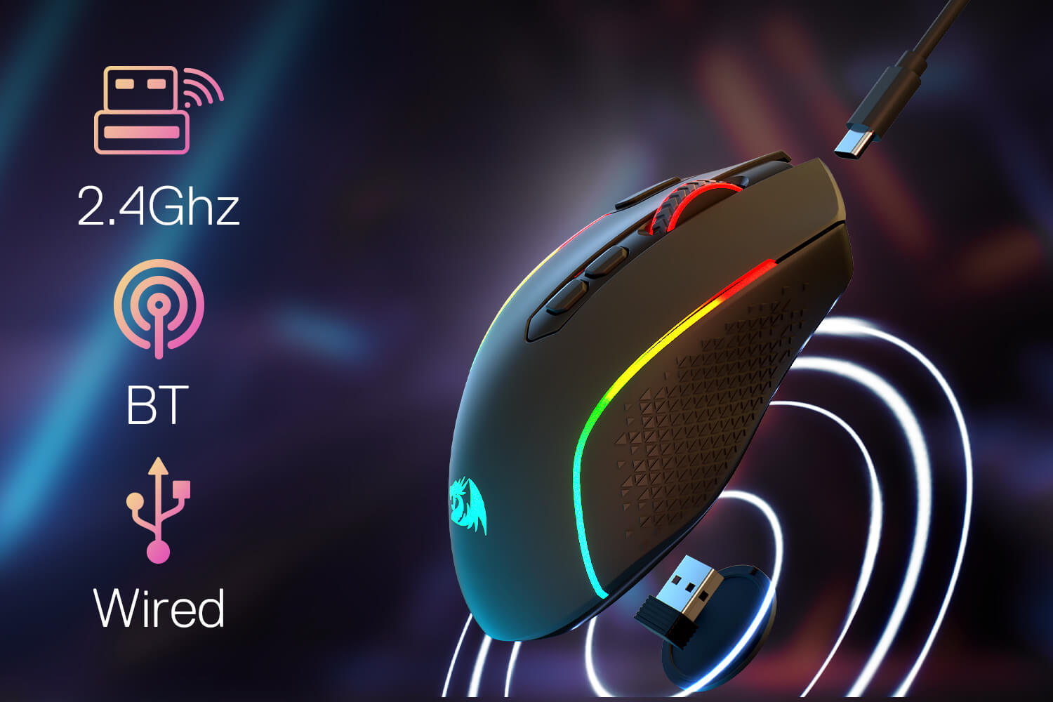 Redragon M810 Gaming mouse with RGB lighting on a dark background, featuring connectivity options.