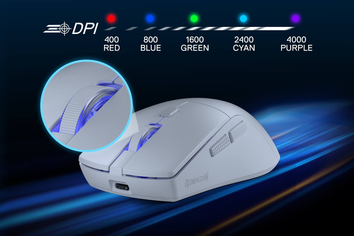 Redragon M618 White gaming mouse with DPI color indicator on a dark background