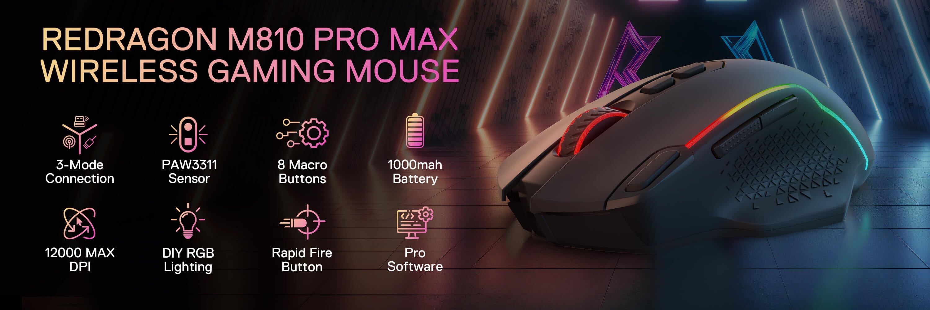 Redragon M810 MAX 3-Mode Wireless Gaming Mouse, 12000 DPI Wired/Wireless RGB Mouse w/Rapid Fire Key, 8 Macro Buttons, 188-Hour Reliable Power Capacity for PC/Mac/Laptop