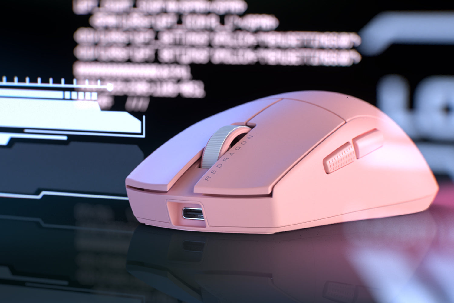 Pink K1NG M916 PRO wireless mouse displaying a USB-C port in front, with a tech interface in the background