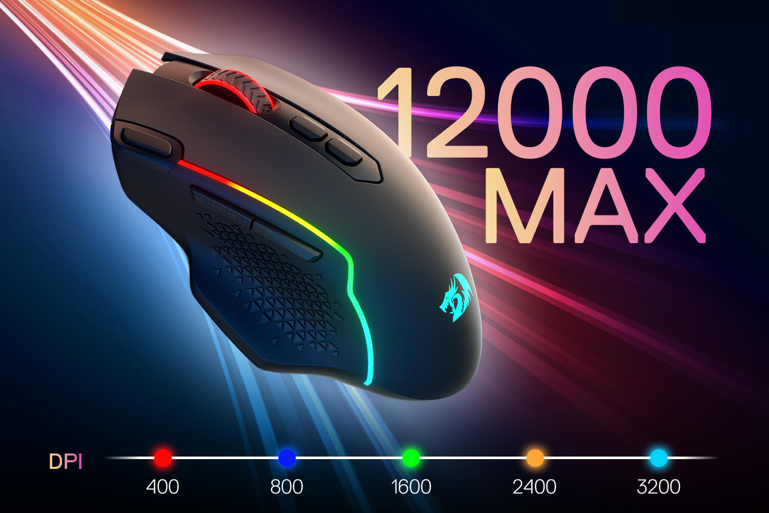 Redragon M810 Wireless Gaming mouse with RGB lighting on a dark background with '12000 MAX' text
