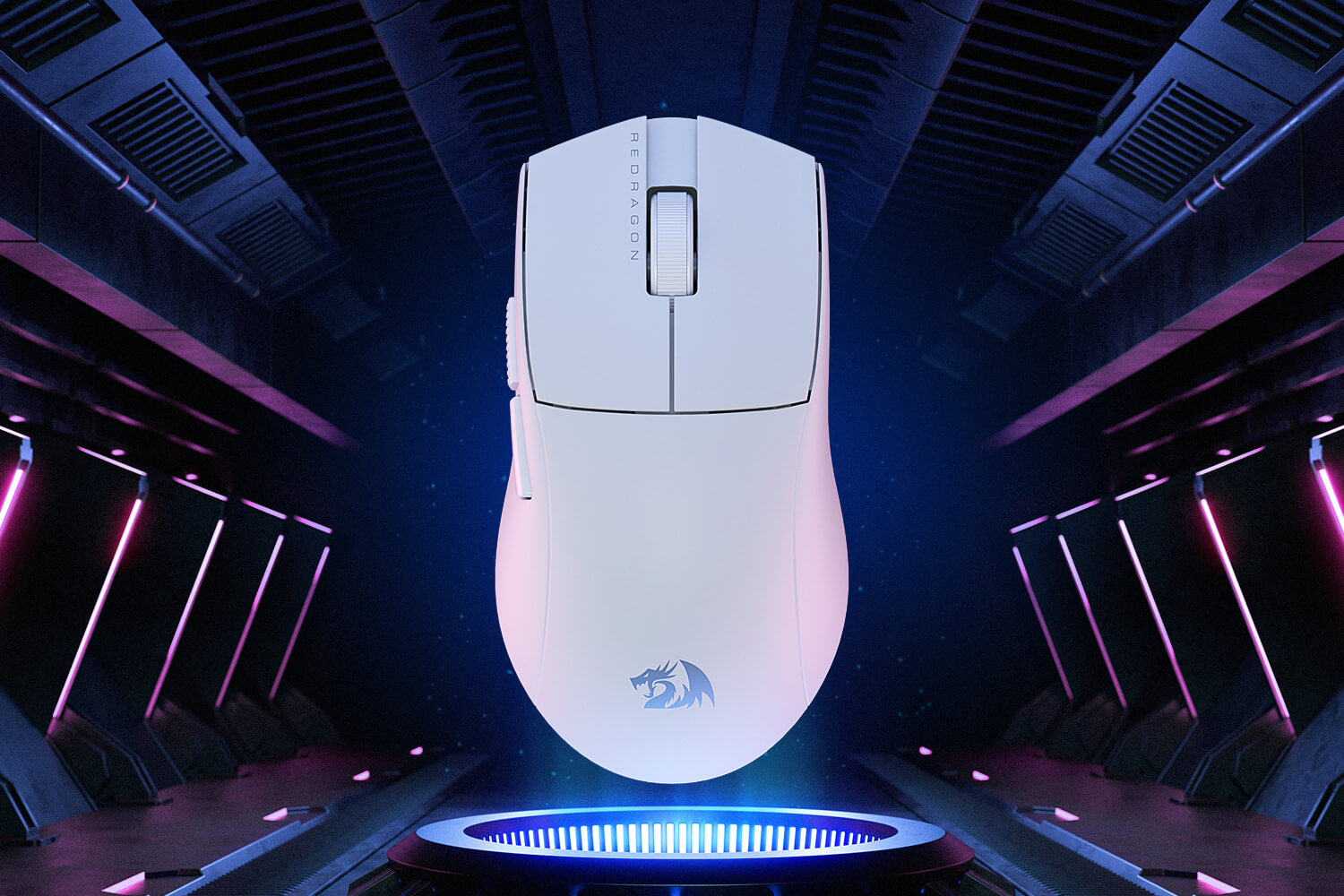 Floating white K1NG M916 PRO wireless mouse in a futuristic tech background