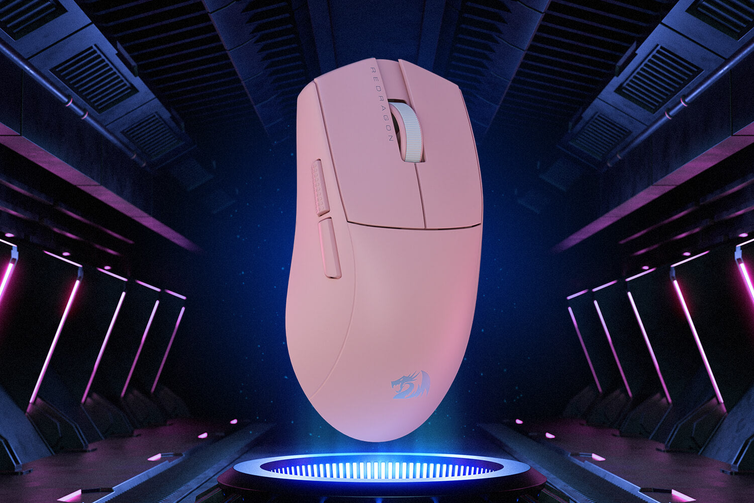 Stylish floating pink K1ING Pro mouse in a futuristic setting, featuring minimalist design and advanced features