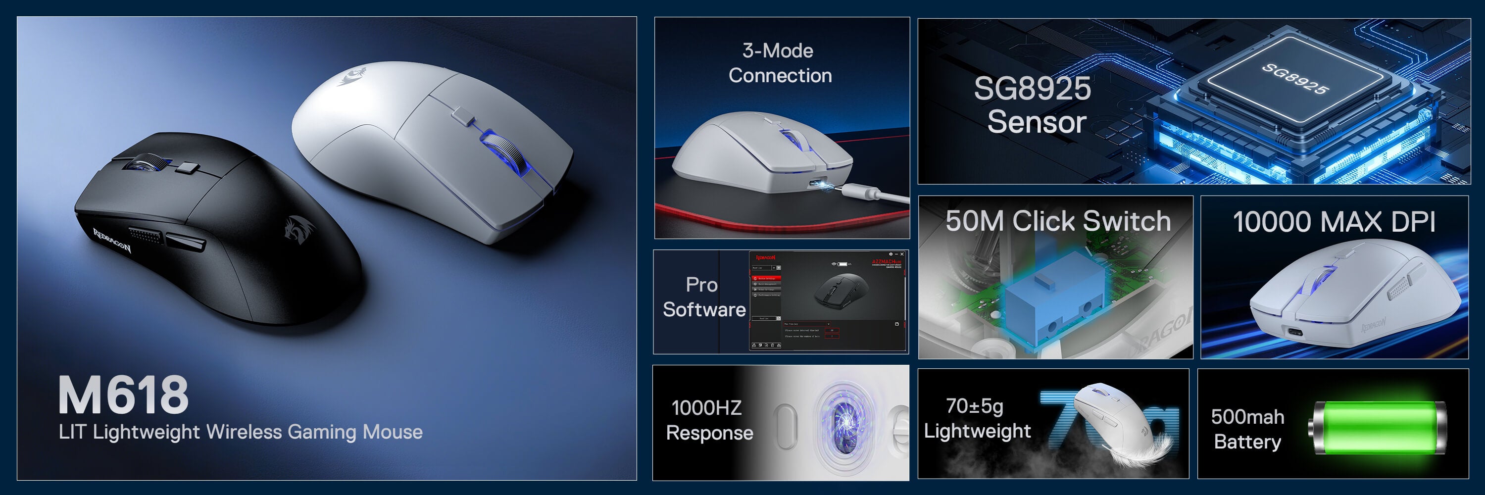 Redragon M618 LIT Wireless Gaming Mouse, 10000 DPI Optical Ergonomic Mouse with 6 Programmable Buttons, 70G Ultra Lightweight, Software Supports DIY Keybinds