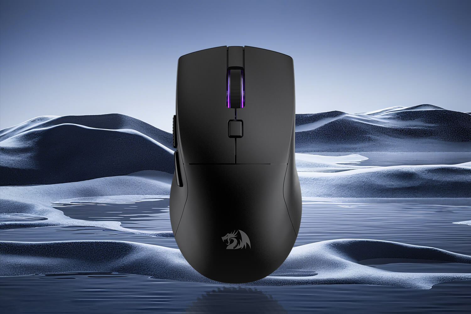 Black gaming mouse with a brand logo on a blue abstract background
