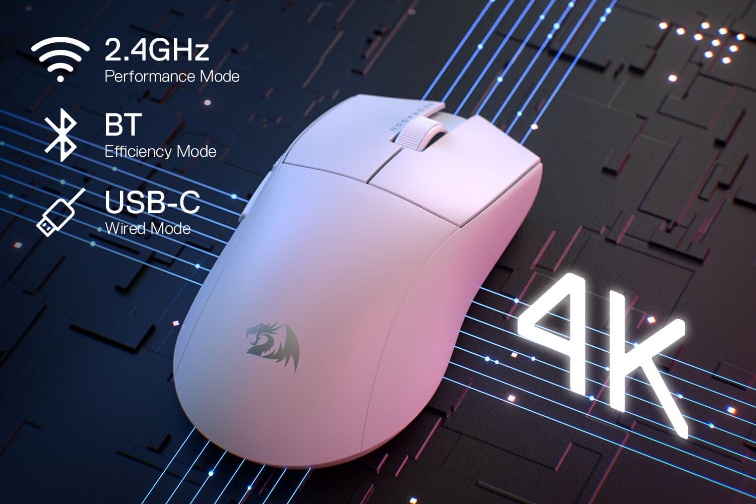 White version of the K1ING M916 Pro gaming mouse, showcasing 2.4GHz, Bluetooth, and USB-C wired modes with a 4K logo