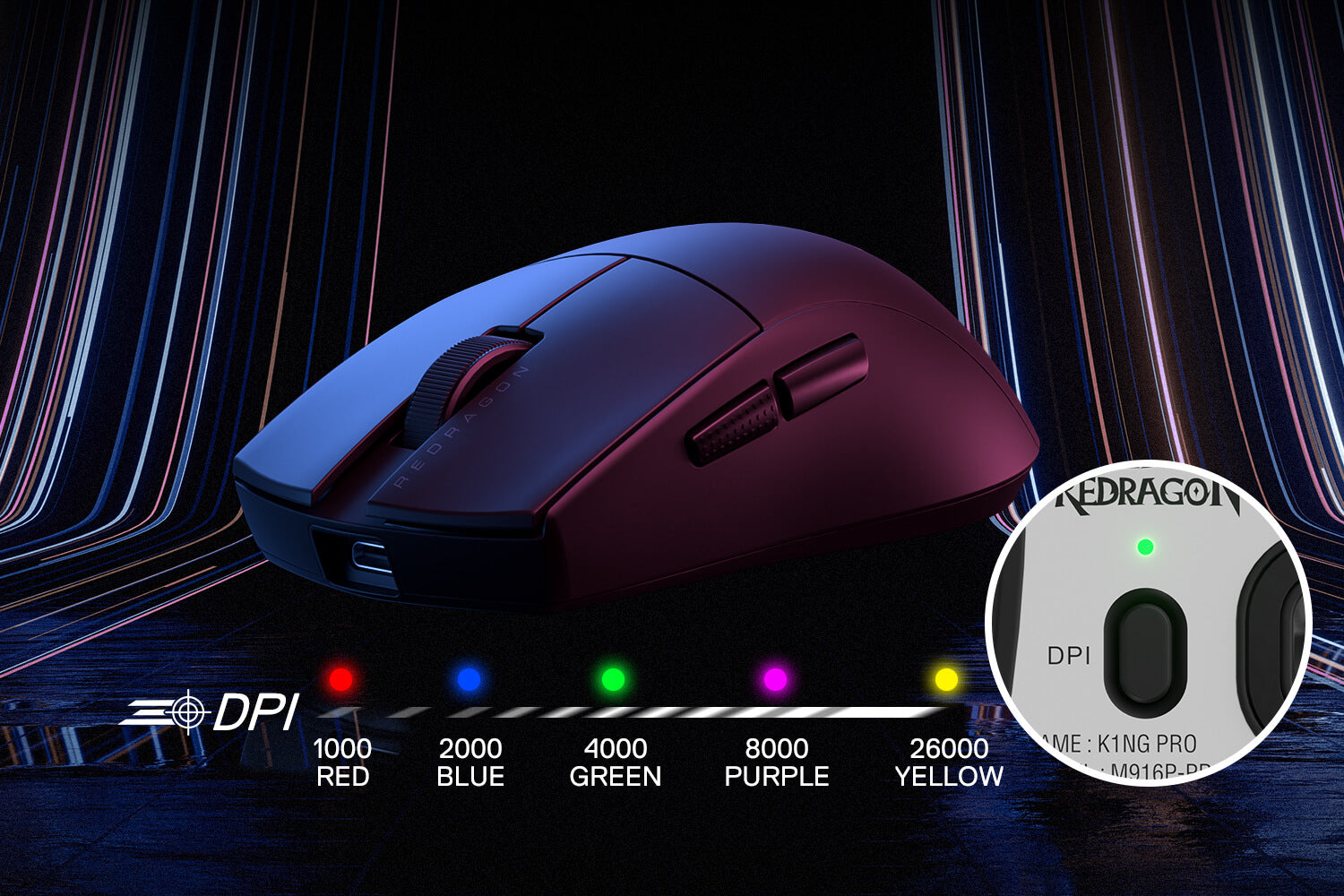 Black K1NG M916 PRO wireless mouse showing 5 different DPI settings, ranging from 1000 to 26000