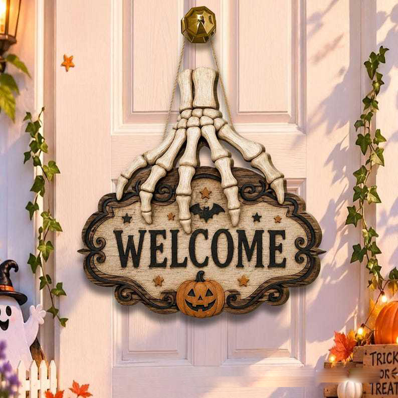 Halloween Skeleton Hand Welcome Sign, Rustic Wooden Front Door Hanging Decor