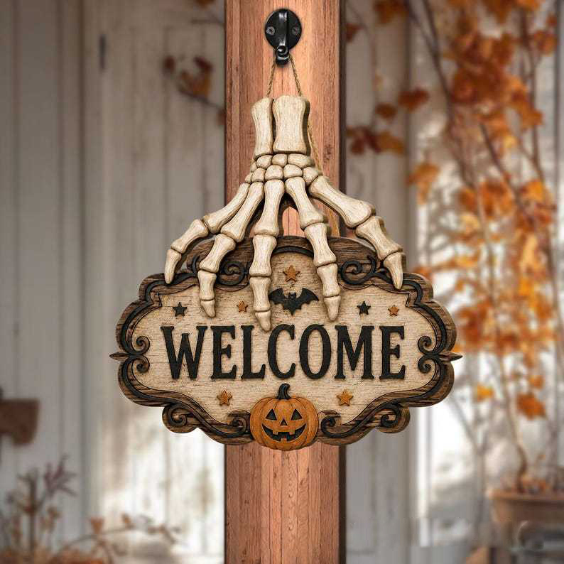 Halloween Skeleton Hand Welcome Sign, Rustic Wooden Front Door Hanging Decor