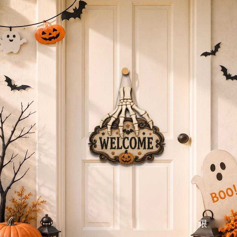 Halloween Skeleton Hand Welcome Sign, Rustic Wooden Front Door Hanging Decor