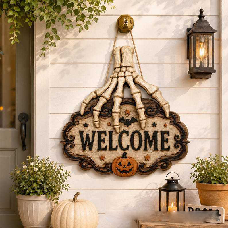 Halloween Skeleton Hand Welcome Sign, Rustic Wooden Front Door Hanging Decor
