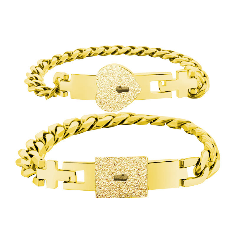 Heart Lock & Key Couple Bracelets - Matching Bangle Set - Golden - image 10