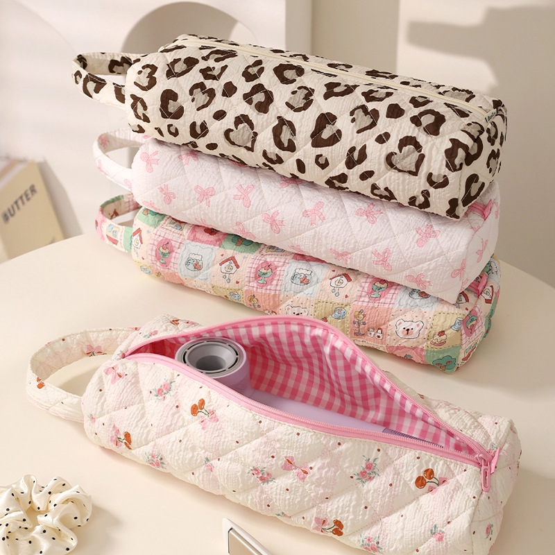 Quilted Multi‑Purpose Storage Bag, Portable Zipper Cosmetic Makeup Pouch with Handle
