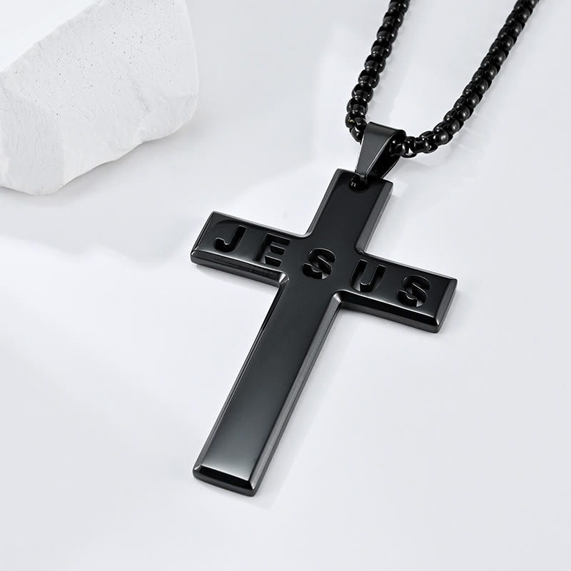 Hollow Jesus Pattern Cross Necklace - Black - one size - image 3