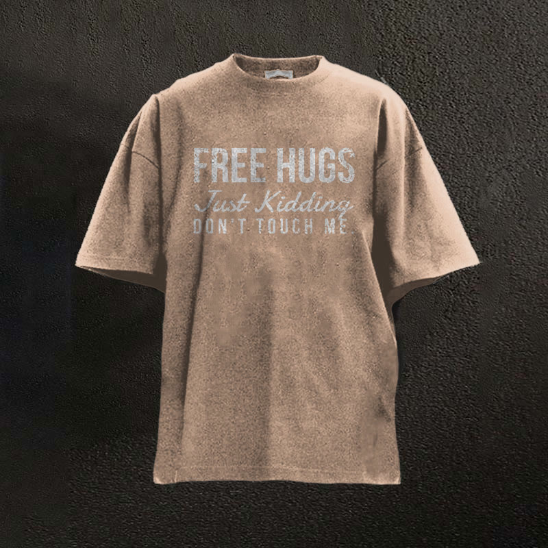 100% Cotton Free Hugs Just Kidding Don't Touch Me Printed Washed Gym T-shirt - Coffee - 2XL - image 3